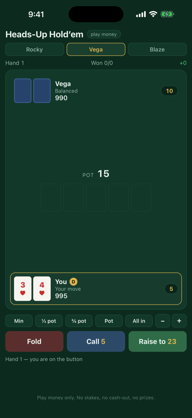 Heads-Up Hold'em on iPhone: a poker table with hole cards, pot, and fold, call, and raise buttons